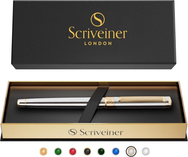 Scriveiner Silver Chrome Rollerball Pen - Stunning Luxury Pen, Real Gold Plating, Schmidt Ink Refill, Best Roller Ball Pen Gift Set for Men & Women, Professional, Executive Office, Fancy Pens