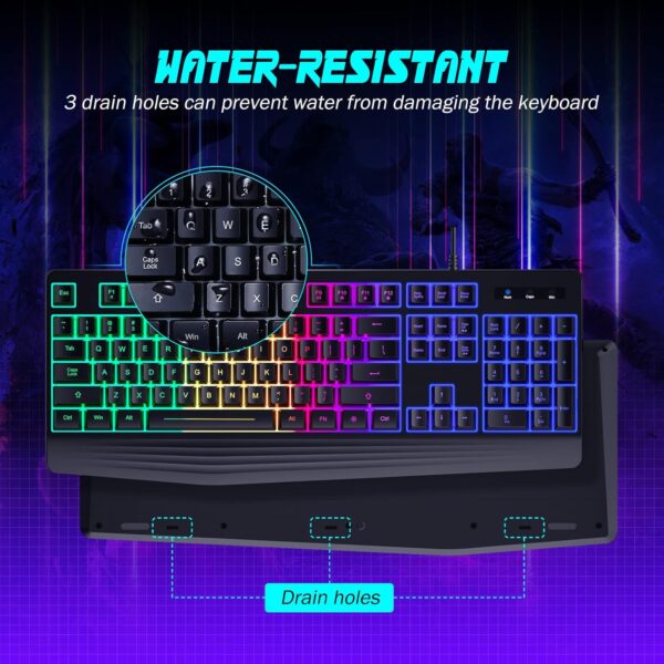 815eoAV5f1L._AC_SL1500_.jpg Gaming Keyboard, 7-Color Rainbow LED Backlit, 104 Keys Quiet Light Up Keyboard, Wrist Rest, Whisper Silent, Anti-ghosting Multimedia Keys, Waterproof USB Wired Keyboard for PC Mac Xbox