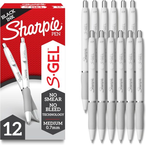 Sharpie S-Gel Gel Pens, Pearl White Body, Black Ink, Medium Sharpie S-Gel Gel Pens, Pearl White Body, Black Ink, Medium Point (0.7mm), 12 Count - For Journaling, Writing, Note-Taking, School, Office Supplies