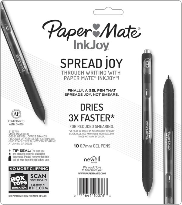 81HoS8i5l5L._AC_SL1500_.jpg Paper Mate InkJoy Black Gel Pens Medium Point (0.7 mm) Comfort Grip 10 Count Fast Dry Ink Ideal for Smooth Writing