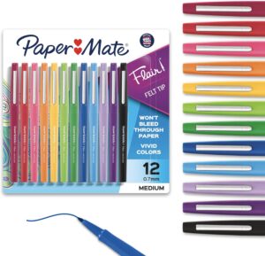 Paper Mate Flair Felt Tip Pens, Medium Point (0.7mm), Assorted Colors, 12 Count - For Arts & Crafts, Note-Taking, Journaling, School Supplies for Teachers & Students