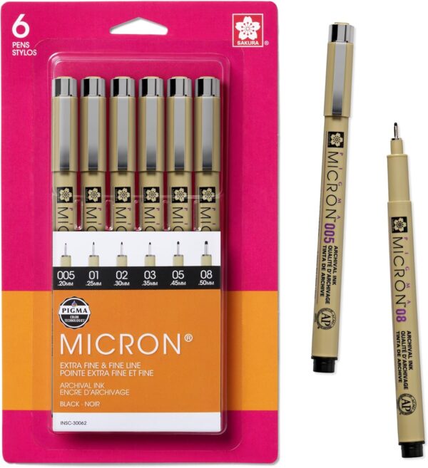 SAKURA Pigma Micron Fineliner Pens - Archival Black Ink Pens SAKURA Pigma Micron Fineliner Pens - Archival Black Ink Pens - Pens for Writing, Drawing, or Journaling - Assorted Point Sizes - 6 Pack