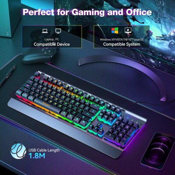 9155T4VPgyL._AC_SL1500_.jpg TECKNET Gaming Keyboard, USB Wired Computer Keyboard, 15-Zone RGB Illumination, IP32 Water Resistance, 25 Anti-ghosting Keys, All-Metal Panel (Whisper Quiet Gaming Switch)