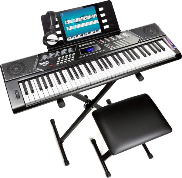 RockJam 61 Key Keyboard Piano Stand With Pitch Bend Kit, RockJam 61 Key Keyboard Piano Stand With Pitch Bend Kit, Piano Bench, Headphones, Simply Piano App & Keynote Stickers