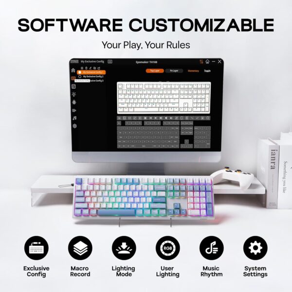 EPOMAKER TH108 Full Size Mechanical Keyboard, Wireless Gaming Keyboard with 8000mAh Battery, Creamy Gasket, 108 Keys, Hot Swap, Custom Driver, RGB Backlight (Blue&White, Sea Salt Silent)