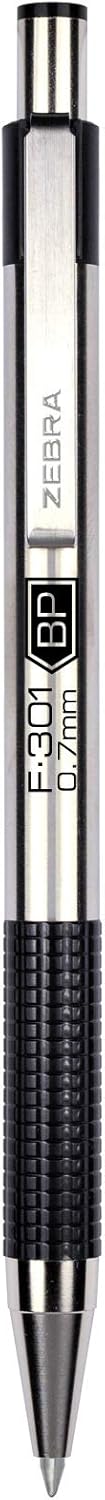 Zebra Pen F-301 Ballpoint Fine Point 0.7mm, Black Easy-Glide Ink, Stainless Steel Retractable, Non-Slip Grip, Metal Clip, Refillable, Professional Design, Ideal for Gifts and Office, 4-Pack (27114)
