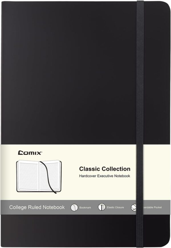 Comix Lined Journal Notebook for Women Men, Journaling Notebooks for Office School Home, 240 Pages, 5.5" x 8.3", College Ruled, A5, Hardcover, Black