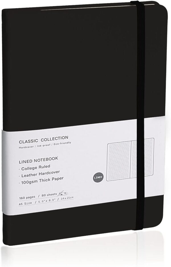 EMOMAS Lined Journal Notebook – Hardcover Notebook for Men & EMOMAS Lined Journal Notebook – Hardcover Notebook for Men & Women – Journals for Writing, Work, School, Home & Daily Notes, 160 Pages – Medium A5, 5.7"x8", 100 gsm Thick Paper (Black)