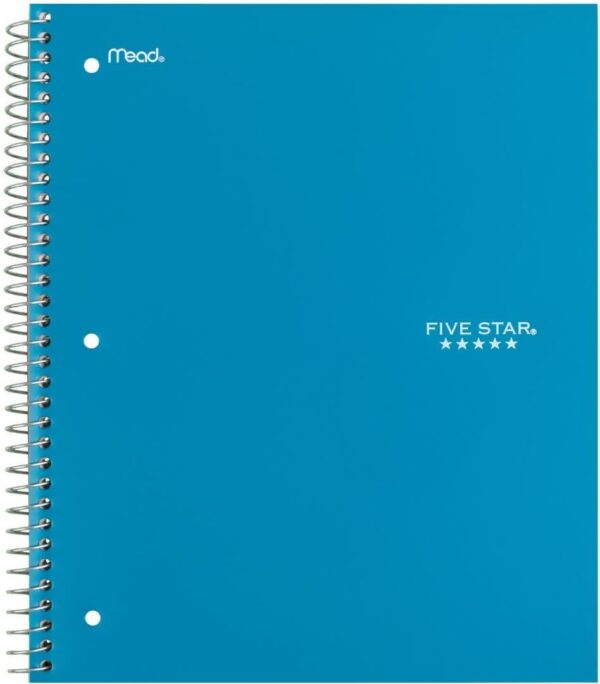 51axhYvLzrL._AC_SL1080_.jpg Five Star Spiral Notebook + Study App, 1 Subject, Wide Ruled Paper, 8" x 10-1/2", 100 Sheets, Fights Ink Bleed, Water Resistant Cover, Tidewater Blue (72875)