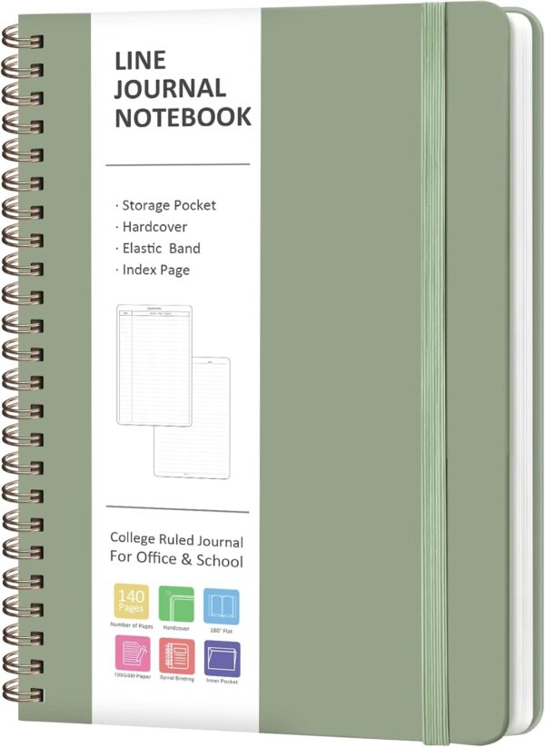 VALOME Journaling Notebooks, A5 Lined Spiral Notebook for Women & Men, 146 Pages College Ruled Hardcover Note Book for Work, Note Taking, Journaling, School, Writing (GREEN)