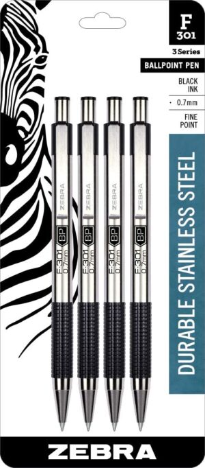 Zebra Pen F-301 Ballpoint Fine Point 0.7mm, Black Easy-Glide Ink, Stainless Steel Retractable, Non-Slip Grip, Metal Clip, Refillable, Professional Design, Ideal for Gifts and Office, 4-Pack (27114)