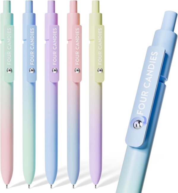 Four Candies Gel Pens, 5 Pcs 0.7mm Quick Dry Black Ink Pen Fine Point Smooth Writing Unique Pen, Office Home School Supplies Essentials Fun Pretty Cute Pens Gifts for Girl Women(Gradient)