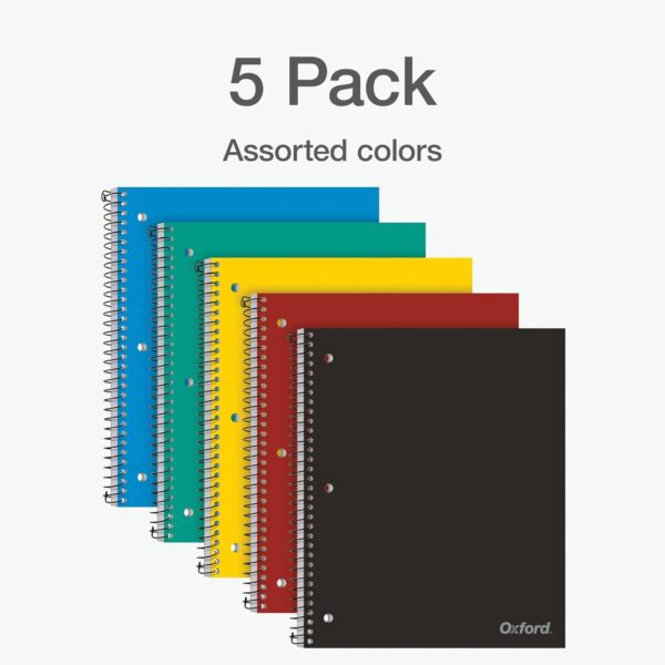 Oxford 1 Subject Spiral Notebook, Notebooks for School, Plastic Covers, Back to School Supplies, Wide Ruled, 100 Sheets, 5 Pack, Assorted Primary Colors: Black, Blue, Red, Green and Yellow (1009290)