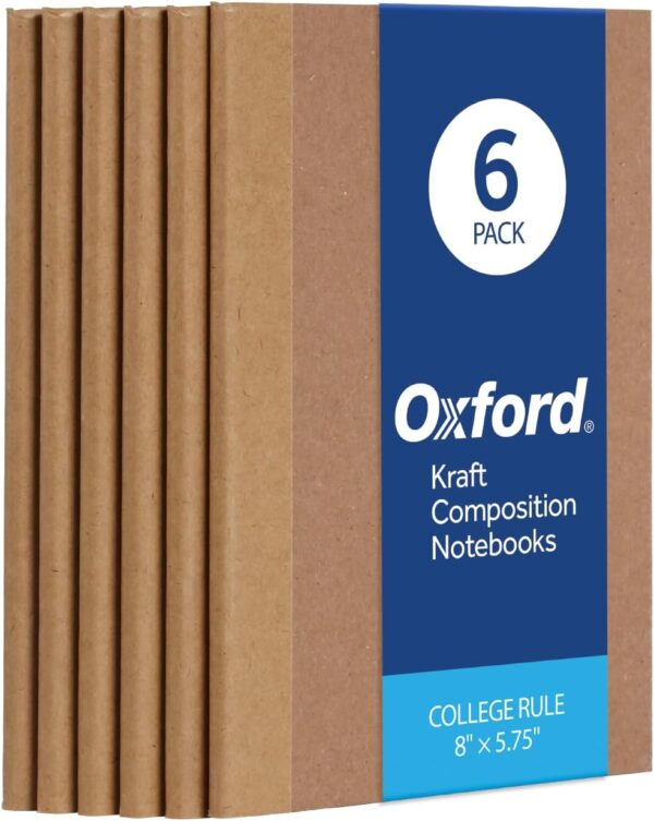 Oxford Composition Notebook 6 Pack,Notebooks for School, School Supplies, School Journal, Comp Book, College Ruled Paper, 5.75 x 8 Inches, Small Size, 60 Sheets, Kraft Covers (63831)