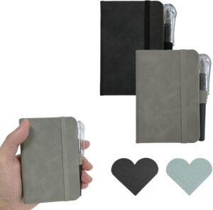 2 Pack Pocket Notebook Journals, 4.3 inches x 3.1 inches 200 Pages Small Notepad Notebooks for Note Taking, Thick Lined Paper, Leather Cover With Pen Holder (Black & Gray)
