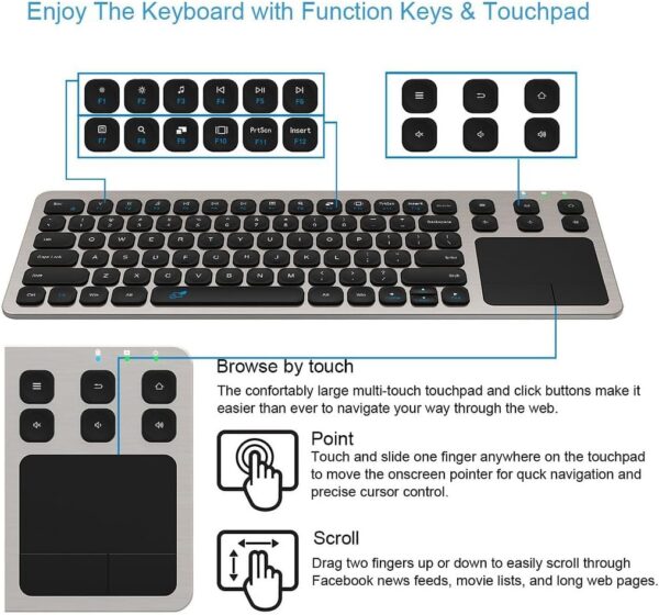 61JUodY-HcL._AC_SL1080_.jpg Arteck 2.4G Wireless Touch TV Keyboard with Easy Media Control and Built-in Touchpad Mouse Solid Stainless Ultra Compact Full Size Keyboard -Connected Computer, Smart TV, HTPC