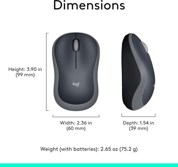 Logitech M185 Wireless Mouse, 2.4GHz with USB Mini Receiver, 12-Month Battery Life, 1000 DPI Optical Tracking, Ambidextrous PC/Mac/Laptop - Swift Grey