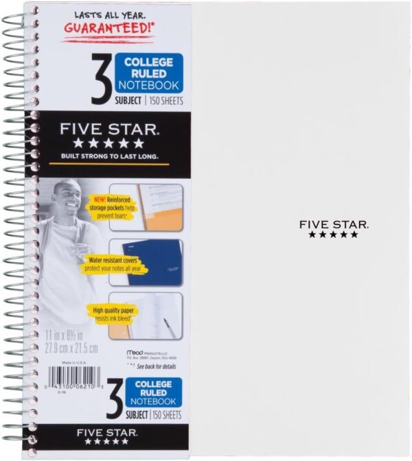 Five Star 06210 Wirebound 3-Subject Notebook, College Rule, 11 x 8 1/2, 150 Sheets, Assorted