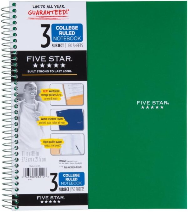 Five Star 06210 Wirebound 3-Subject Notebook, College Rule, 11 x 8 1/2, 150 Sheets, Assorted