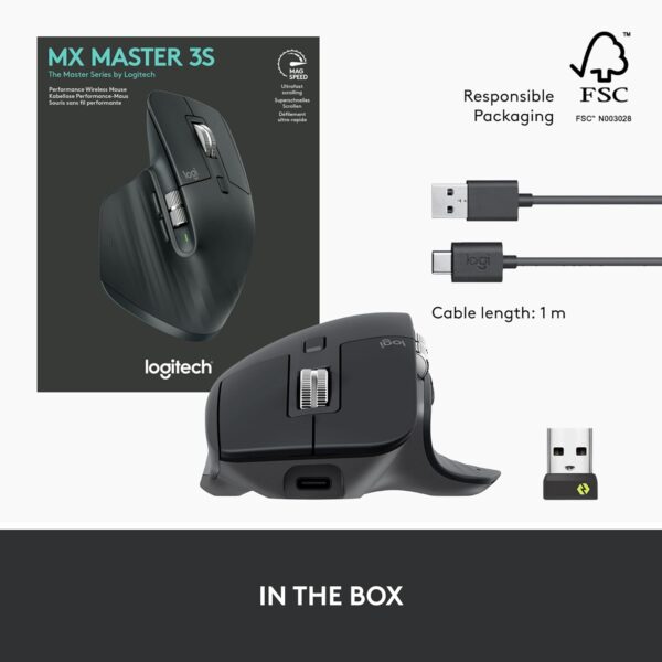 Logitech MX Master 3S Wireless Mouse Standard Edition with Logi Bolt USB Receiver, Ultra-Fast Scrolling, Ergo, 8K DPI, Track on Glass, Quiet Clicks, USB-C, Bluetooth, Windows, Linux, Chrome - Graphite