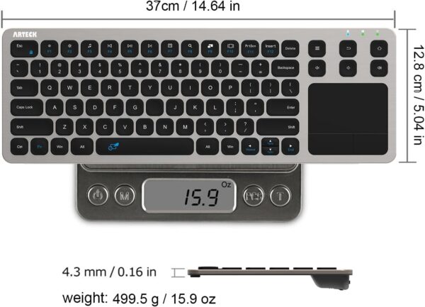 61MUyY0KBcL._AC_SL1437_.jpg Arteck 2.4G Wireless Touch TV Keyboard with Easy Media Control and Built-in Touchpad Mouse Solid Stainless Ultra Compact Full Size Keyboard -Connected Computer, Smart TV, HTPC