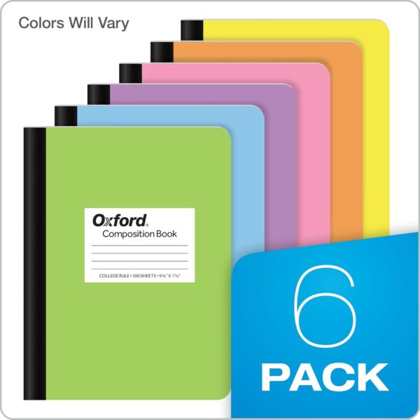 Oxford Composition Notebooks, 6 Pack, Cover Colors Vary, College Ruled Paper, 9-3/4 x 7-1/2 Inch School Journals, Assorted Pastel Covers, 100 Sheets, per Book (63760)