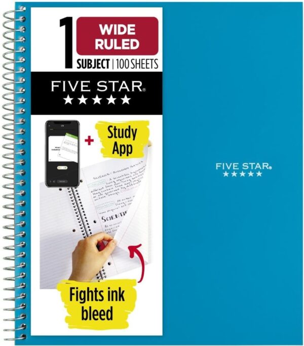Five Star Spiral Notebook + Study App, 1 Subject, Wide Five Star Spiral Notebook + Study App, 1 Subject, Wide Ruled Paper, 8" x 10-1/2", 100 Sheets, Fights Ink Bleed, Water Resistant Cover, Tidewater Blue (72875)