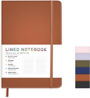 Lined Journal Notebook for Women Men, 200 Pages A5 Hardcover Leather Journals for Writing,Travel,School,Office,Work,Business,College Ruled Notebooks for Note Taking, Diary Notepad 5.7"×8.3"(Brown)