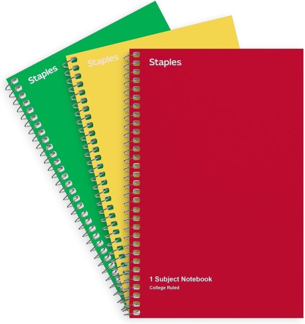 61U0U73B1fL._AC_SL1500_.jpg STAPLES Spiral Notebooks - College-Ruled, 1-Subject, 80 Sheets, Durable Wirebound, Assorted Colors, Pack of 3