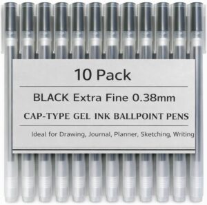 SEVEN86 0.38 mm Pen Gel Ink Ballpoint Pens - Fine Tip, Black Ink, Cap Type - Set of 10 - Gift for Students and Professionals