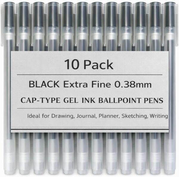 SEVEN86 0.38 mm Pen Gel Ink Ballpoint Pens - Fine Tip, Black Ink, Cap Type - Set of 10 - Gift for Students and Professionals