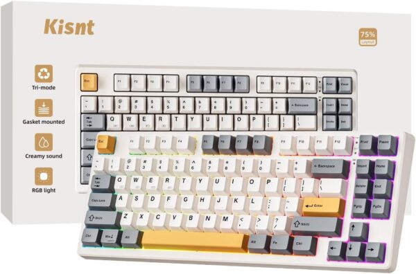 Wireless Mechanical Keyboard,Gasket Mounted with Creamy Sound,Bluetooth/2.4GHz/USB-C,Custom Hot Swappable,RGB Backlit,75% Wireless Mechanical Keyboard,Gasket Mounted with Creamy Sound,Bluetooth/2.4GHz/USB-C,Custom Hot Swappable,RGB Backlit,75% Compact Layout for Gaming/Typing/Win/Mac/PC (Retro Beige,Linear Switch)