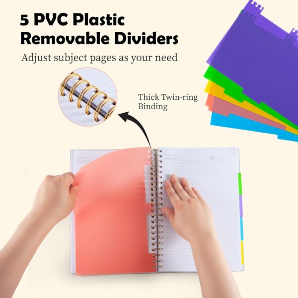 5 Subject Notebook College Ruled, A5 Spiral Notebook with Removable Pocket Dividers Tabs, Lined Organizer Notebook Journal for Women, 240 Pages Notebooks for Work School Note Taking, Purple Marble