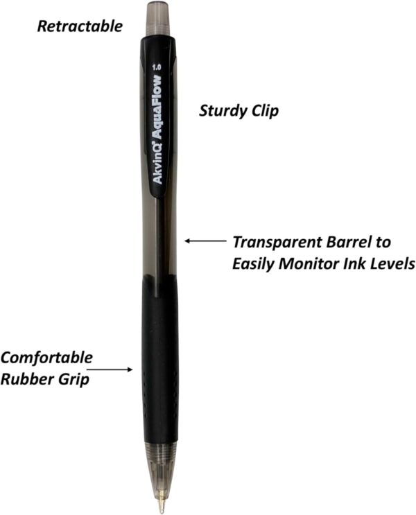 AKVINQ® AquaFlow Retractable Ballpoint Pen – 12 Black Ink Pens | 1.0mm Medium Tip | Low-Viscosity Smooth Ink | Ergonomic Rubber Grip | Smudge-Free | Transparent Barrel | Office & School Writing