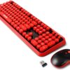 Wireless Keyboard and Mouse Combo, Retro Typewriter Style Red Keyboard with 104 Round Keys, Cute Bubble Round Keycaps, 2.4GHz Clicky Creamy Sounding Keyboard & 3 DPI Mouse for PC Laptop Desktop Gaming