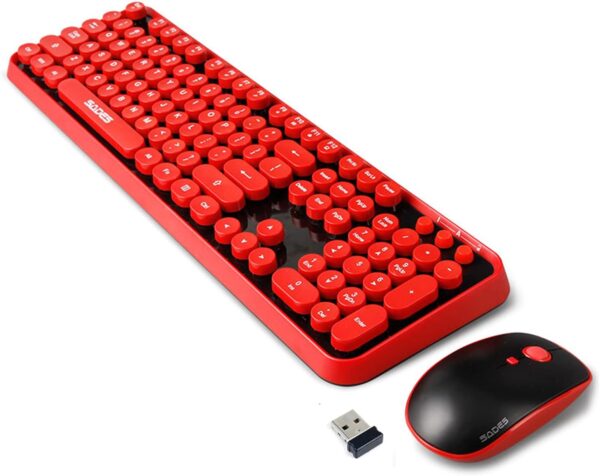 Wireless Keyboard and Mouse Combo, Retro Typewriter Style Red Keyboard with 104 Round Keys, Cute Bubble Round Keycaps, 2.4GHz Clicky Creamy Sounding Keyboard & 3 DPI Mouse for PC Laptop Desktop Gaming