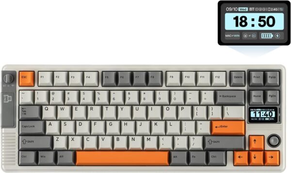 EPOMAKER RT85 Wireless Mechanical Keyboard with Joystick & DIY Screen, 8000mAh, BT/USB/2.4Ghz, Gasket, 5-Layer Paddings, Hot-Swap, PBT Keycap, 75% Gaming Keyboard (Retro White, Wisteria Linear)