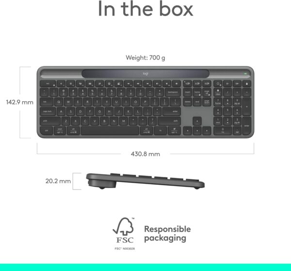 61nFyFcENdL._AC_SL1500_.jpg Logitech Signature Slim Solar+ Wireless Bluetooth Keyboard K980, Solar and Artificial Light Powered, Up to 10 Years Battery Life, Customizable Keys - Graphite