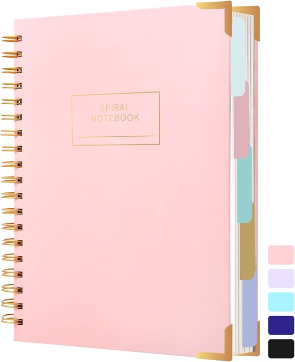 Yoment Hardcover Spiral Notebooks for Work School, B5 Journal Notebook with Tabs Dividers, Multi 5 Subject Notebook College Ruled, 240 Pages Lined Journal for Women, Pink