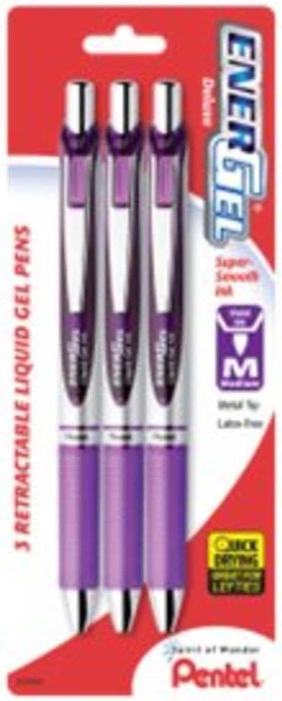 Pentel Pink BCA RTX Retractable Liquid Gel Pen, (0.7mm), Medium Line, Metal Tip, Violet Ink, Pack of 3 (BL77BP3V)