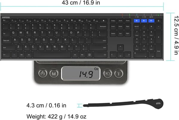 Arteck HB192 Universal Bluetooth Keyboard Multi-Device Stainless Steel Full Size Wireless Keyboard for Windows iOS Android Computer Desktop Laptop Surface Tablet Smartphone Rechargeable Battery