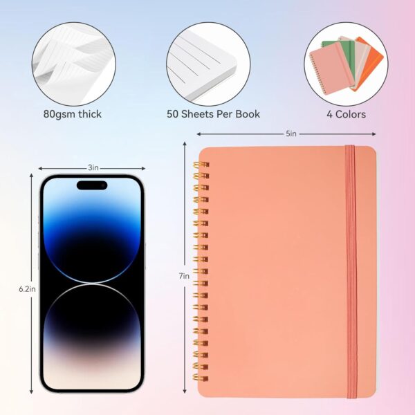DMSVK 4 PCS Small Spiral Notebook 5x7, Spiral Journal Notebook, Notebooks for Work, Note Taking, School, Small Notebooks 5x7 with Strap, Cute Notebooks for Women 50 Sheets
