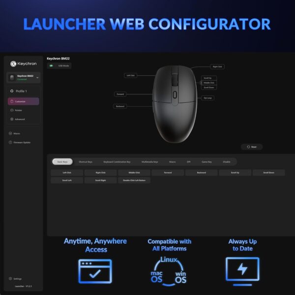 Keychron BM22 Wireless 2.4 GHz Mouse, Launcher Support PAW3212 Sensor 76g Lightweight Ergonomic Design, 2400 DPI 1000 Hz Polling Rate Compatible for Mac Windows Linux