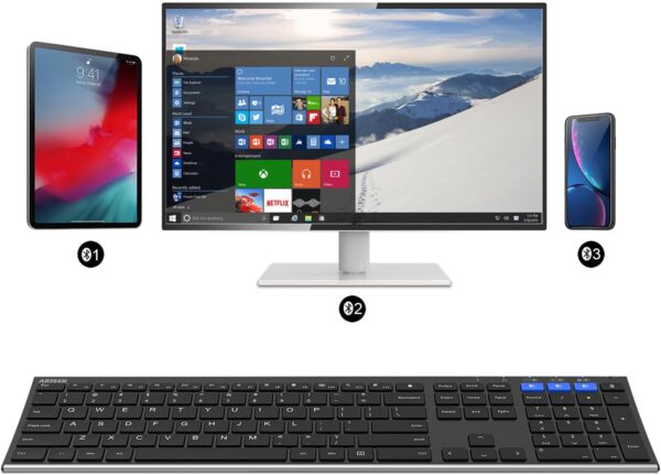 Arteck HB192 Universal Bluetooth Keyboard Multi-Device Stainless Steel Full Size Wireless Keyboard for Windows iOS Android Computer Desktop Laptop Surface Tablet Smartphone Rechargeable Battery