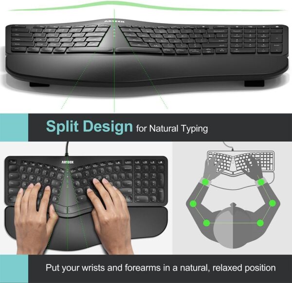 Arteck Ergonomic USB Wired Keyboard with Cushioned Wrist & Palm Rest, Backlit 7 Colors & Adjustable Brightness Comfortable Natural Split Keyboard with 6 Feet Wire for Windows Computer Desktop Laptop