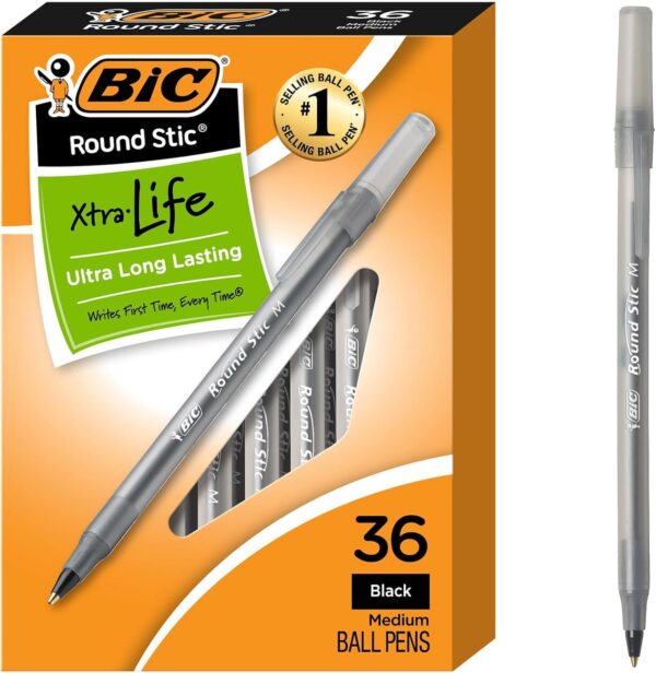 BIC Round Stic Xtra Life Black Ballpoint Pens, Medium Point BIC Round Stic Xtra Life Black Ballpoint Pens, Medium Point (1.0mm), 36-Count Pack of Bulk Pens, Flexible Round Barrel for Writing Comfort, No. 1 Selling Ballpoint Pens