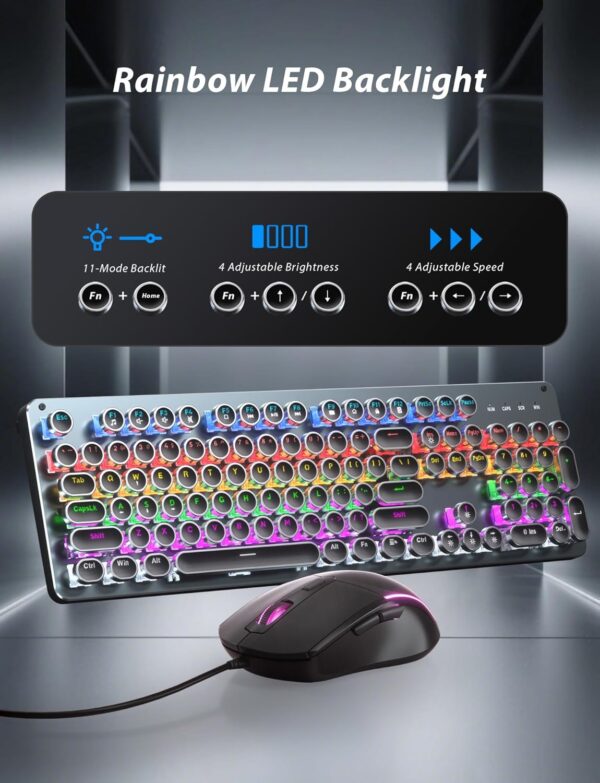 710F5Quq2BL._AC_SL1500_.jpg Typewriter Style Mechanical Gaming Keyboard Blue Switch, Rainbow LED Backlit Wired Computer Keyboards Mouse and Pad Combo, Metal Panel Retro Punk Round Keycaps, 104 Keys Anti-Ghost for PC Laptop Gamer