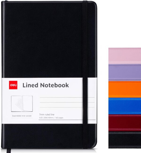 deli A5 Lined Journal Notebook, 160 Pages Hardcover Writing Notebook, deli A5 Lined Journal Notebook, 160 Pages Hardcover Writing Notebook, 5.5"x8.2" College Ruled Notebook for Office, School, Work Notes (Black)