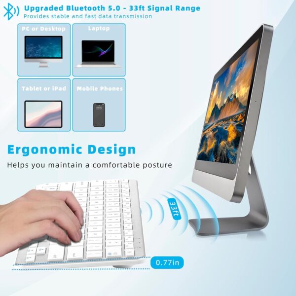 710ejZs43YL._AC_SL1500_.jpg Qulose Bluetooth Keyboard, Ultra-Slim Wireless Keyboard for iPad, Rechargeable Ergonomic Computer Keyboard for iOS, Android, Windows PC Tablets Phone, White Silver