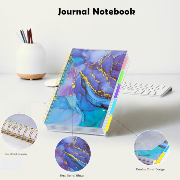5 Subject Notebook College Ruled, A5 Spiral Notebook with Removable Pocket Dividers Tabs, Lined Organizer Notebook Journal for Women, 240 Pages Notebooks for Work School Note Taking, Purple Marble